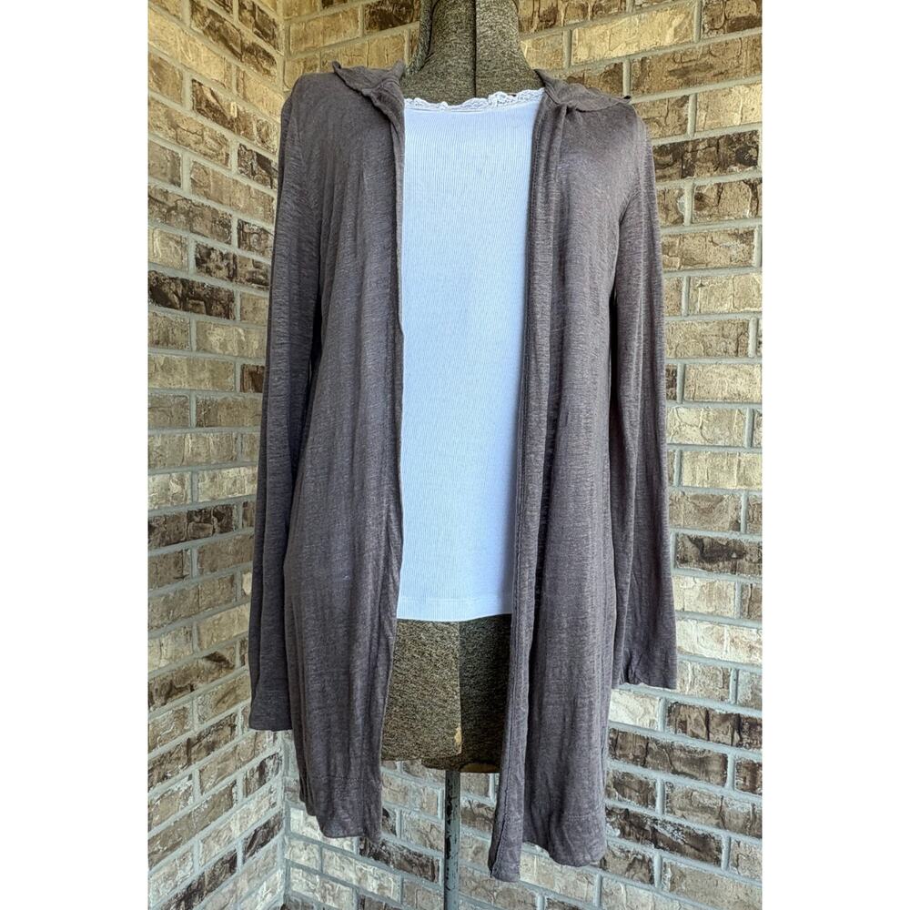 Tahari Womens Linen Hooded Open Front Cardigan Sweater Duster Gray MED Lagenlook